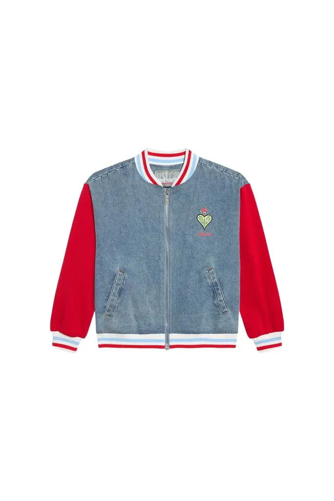 Roberto Cavalli Denim Bomber Jacket with Red Sleeves | Image 1 Roberto Cavalli Denim Bomber Jacket with Red Sleeves | Image 1