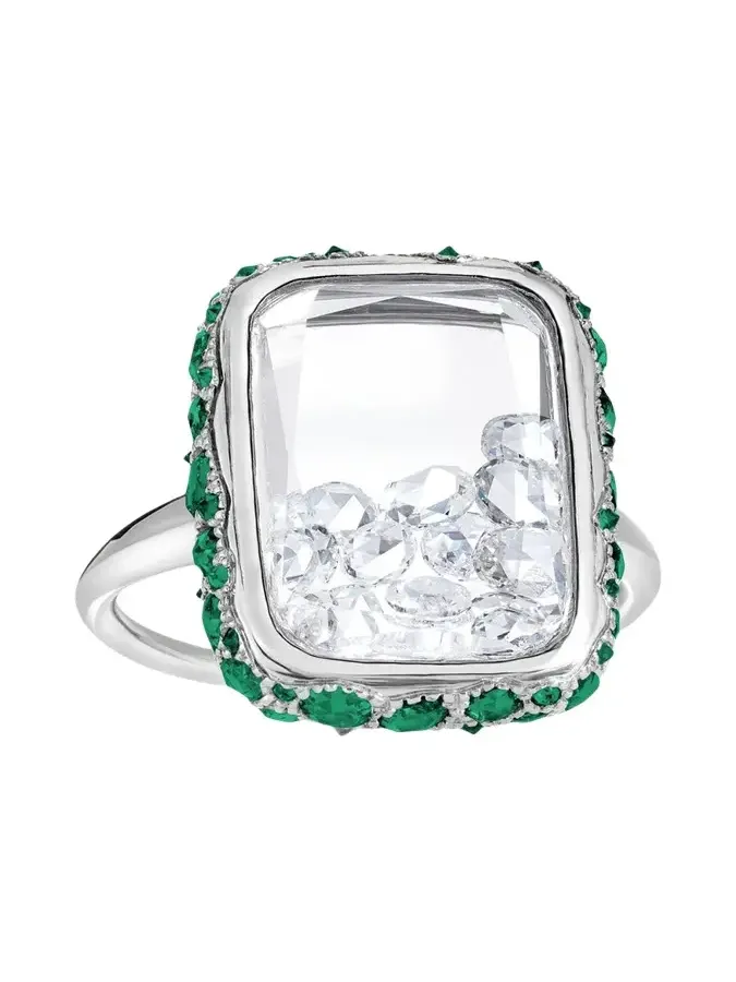 18K White Gold Antiqued Ring with Diamonds and Emeralds