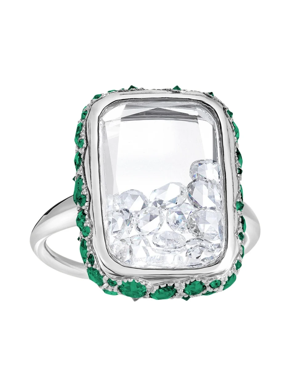 MORITZ GLIK 18K White Gold Antiqued Ring with Diamonds and Emeralds