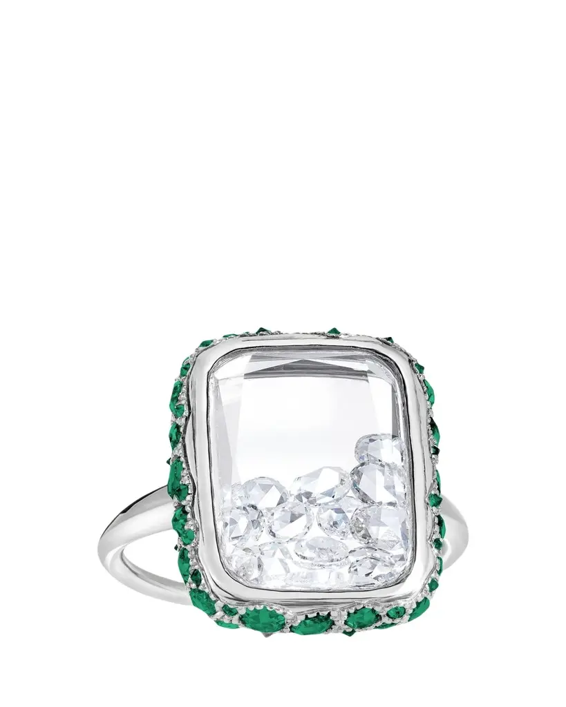 MORITZ GLIK 18K White Gold Antiqued Ring with Diamonds and Emeralds | Image 1 MORITZ GLIK 18K White Gold Antiqued Ring with Diamonds and Emeralds | Image 1