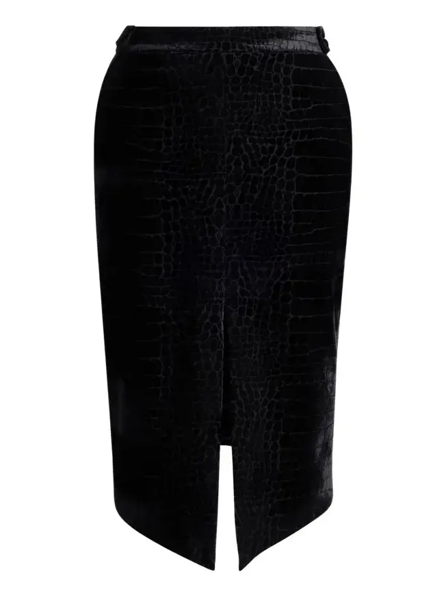 Croco-Embossed Velvet Midi Skirt