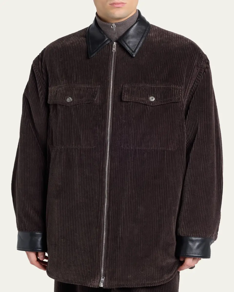 Bottega Veneta Men's Cotton Corduroy Leather-Trim Shirt Jacket | Thumbnail 4