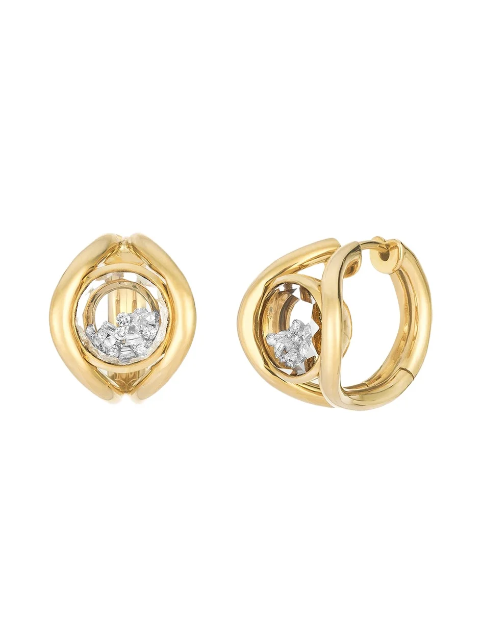 18K Yellow Gold Cascavel Huggie Earrings with Diamonds and Kaleidoscope Shakers 18K Yellow Gold Cascavel Huggie Earrings with Diamonds and Kaleidoscope Shakers