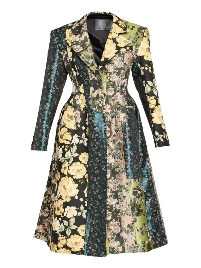 Patchwork Floral Jacquard A-Line Long Jacket