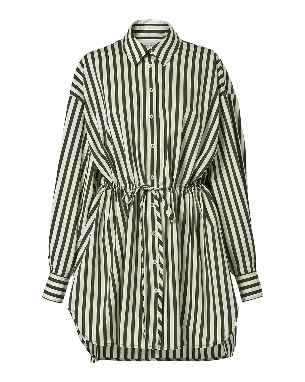 Striped Long-Sleeve Drawstring Mini Shirtdress