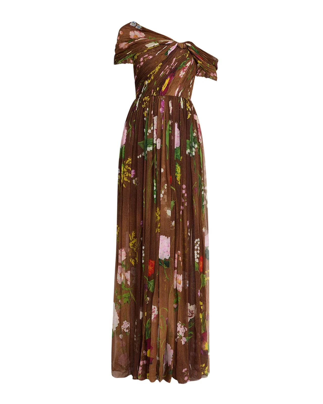 One-Shoulder Mixed Botanical Silk Chiffon Gown One-Shoulder Mixed Botanical Silk Chiffon Gown