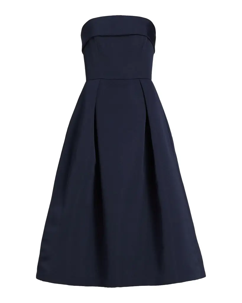 Amsale Foldover Strapless Faille Pleated Midi Dress | Image 1 Amsale Foldover Strapless Faille Pleated Midi Dress | Image 1
