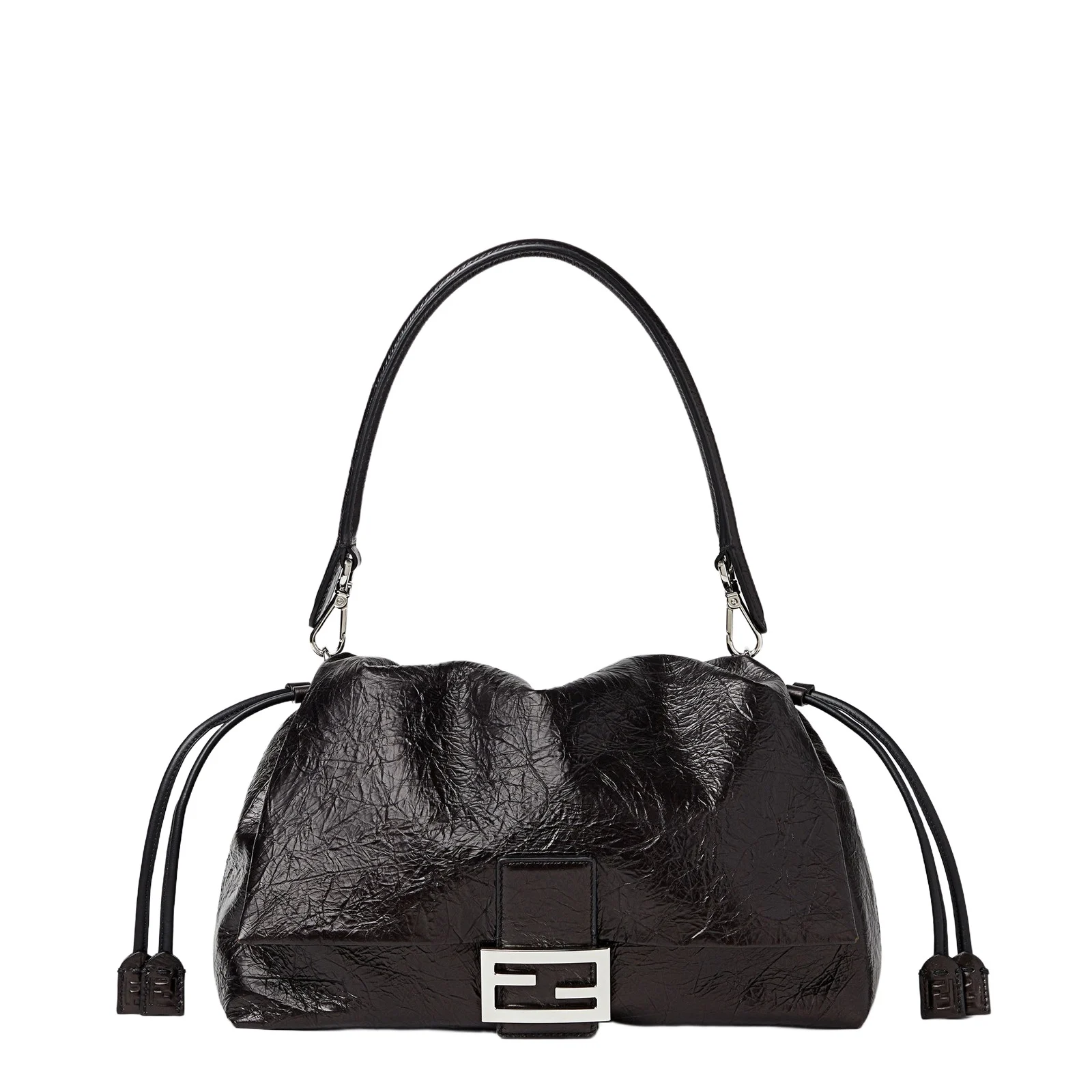 Fendi Baguette Soft Large Crackled Black Leather Bag