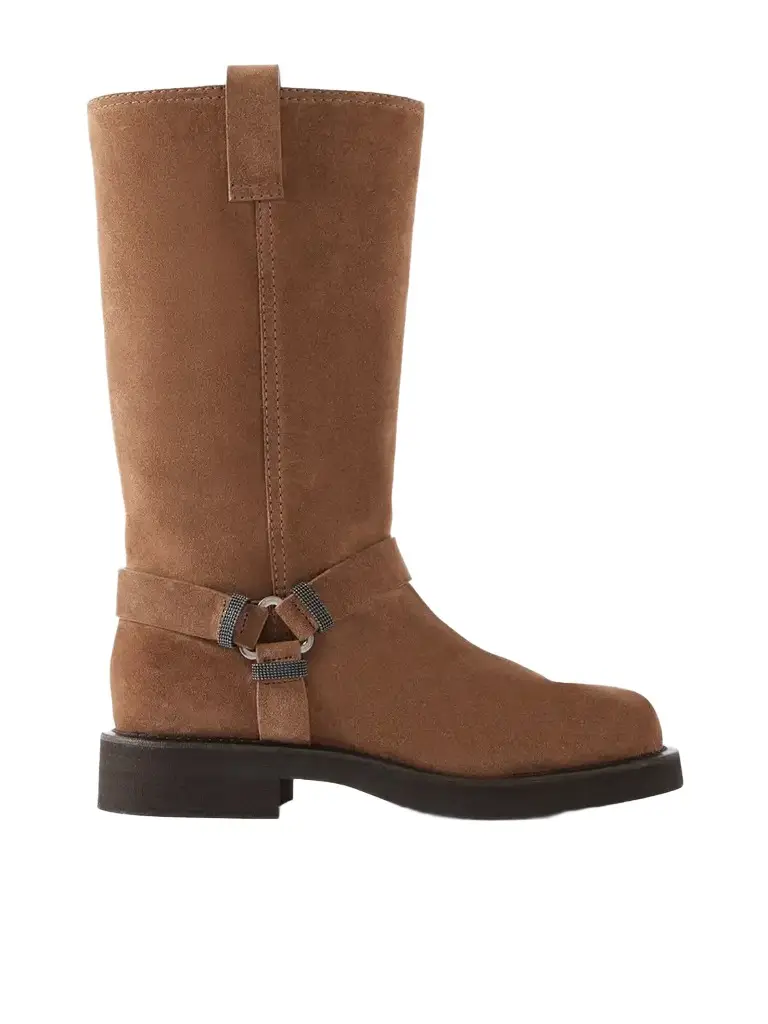 Bead-embellished Suede Biker Boots