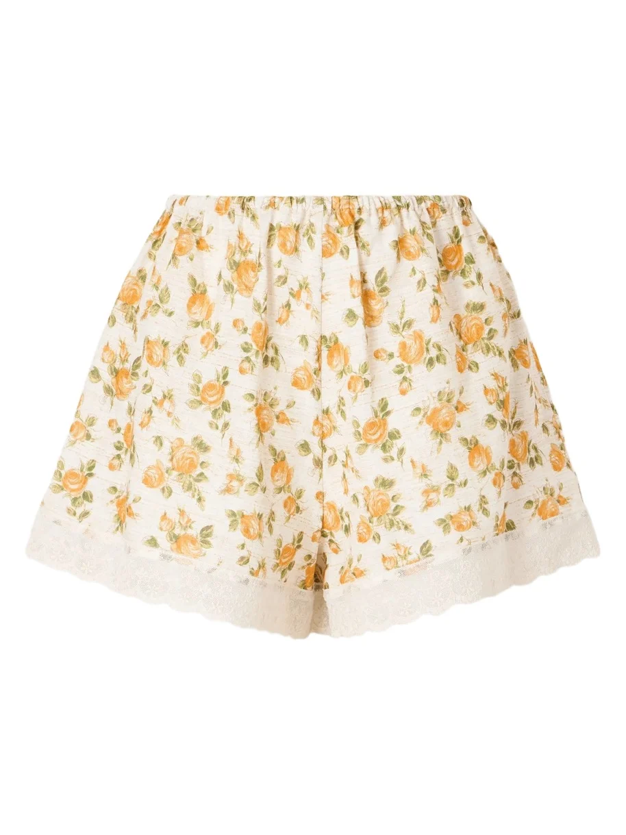 Miguelina Celestine Floral-print Lace-trimmed Linen Shorts