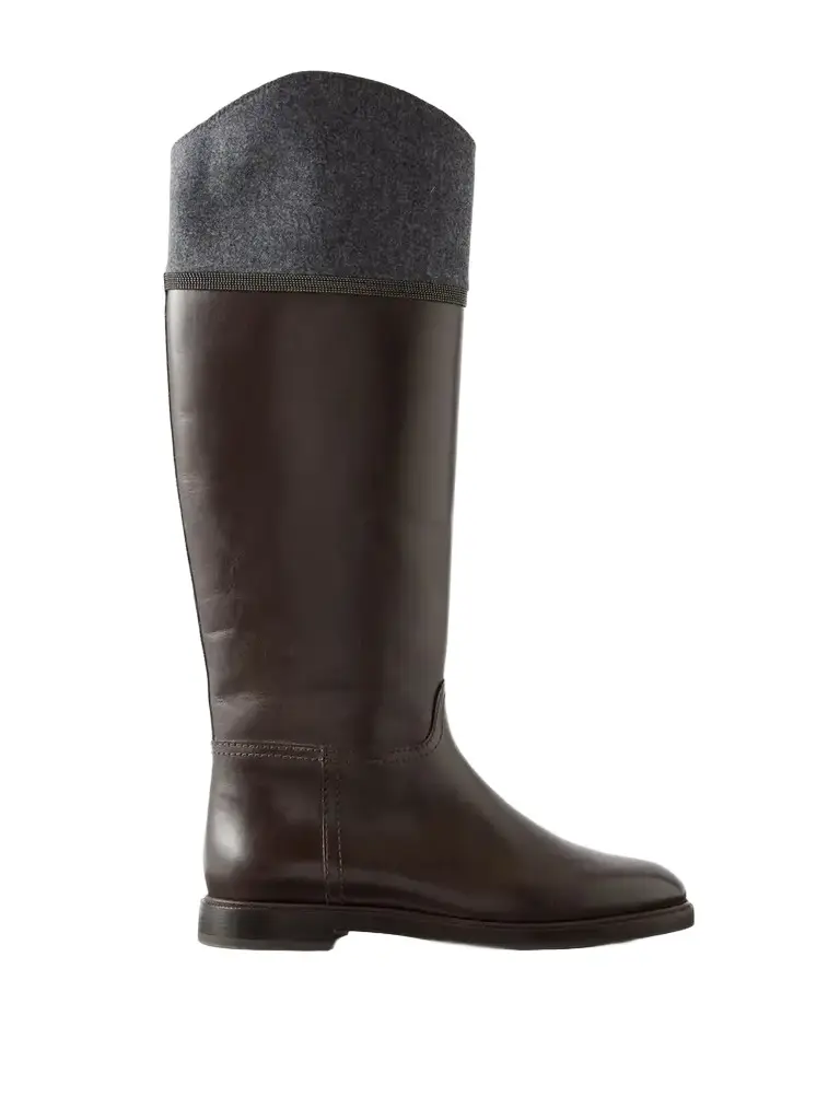 Brunello Cucinelli Bead-embellished Wool-trimmed Leather Mid Calf Boots | Image 1 Brunello Cucinelli Bead-embellished Wool-trimmed Leather Mid Calf Boots | Image 1
