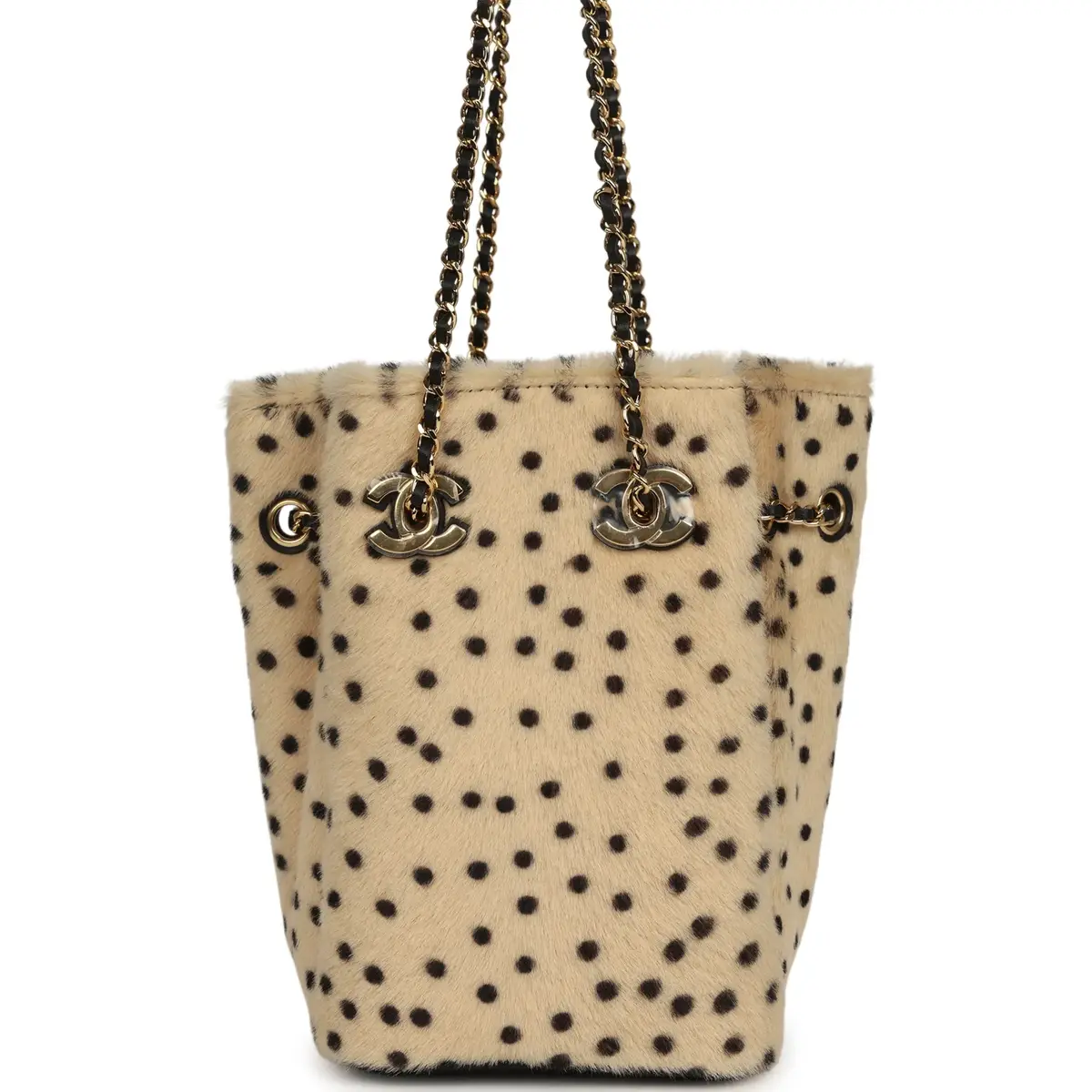 Chanel Chanel Mini "Cheetah Print" Bucket Bag with Chain Light Beige Calf Hair and Black Lambskin Gold Hardware | Image 1 Chanel Chanel Mini "Cheetah Print" Bucket Bag with Chain Light Beige Calf Hair and Black Lambskin Gold Hardware | Image 1