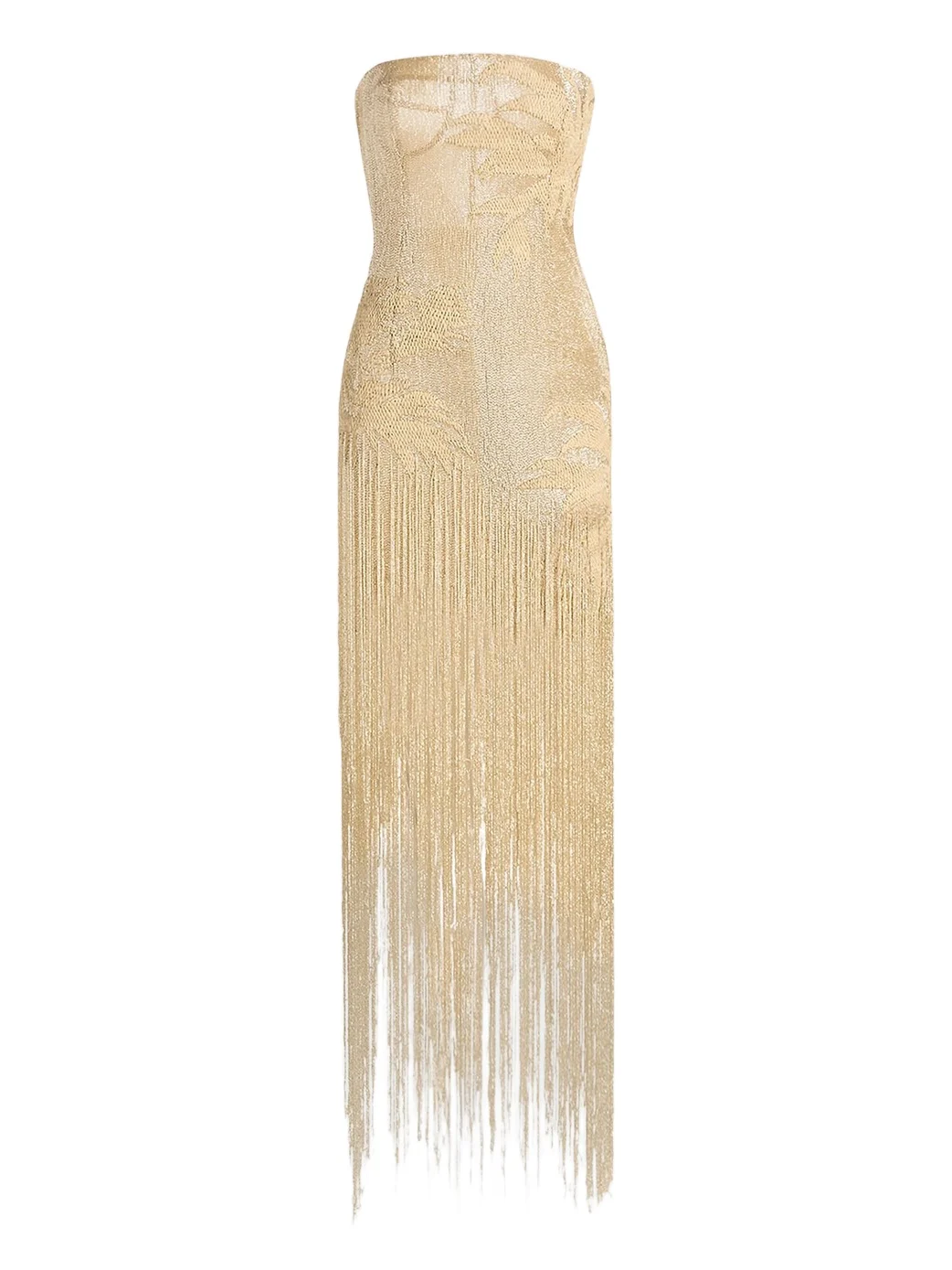 Women's Embellished Palm Raffia Fringe Strapless Gown Women's Embellished Palm Raffia Fringe Strapless Gown
