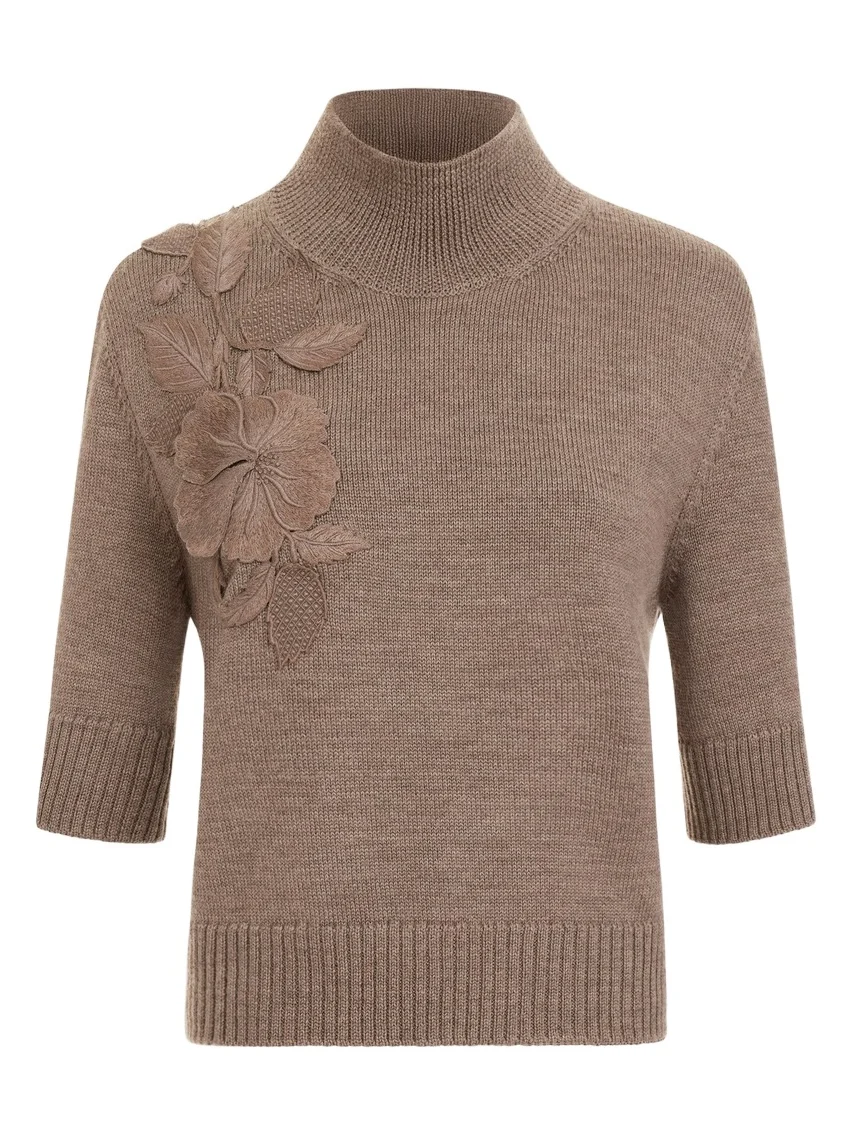 Oscar de la Renta Hibiscus Embroidered Knit Pullover