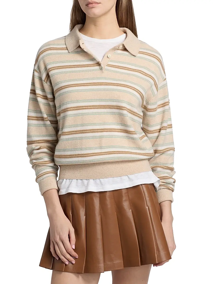 Guest In Residence Women's Collegiate-Striped Cashmere Polo Shirt | Thumbnail 3 Guest In Residence Women's Collegiate-Striped Cashmere Polo Shirt | Thumbnail 3