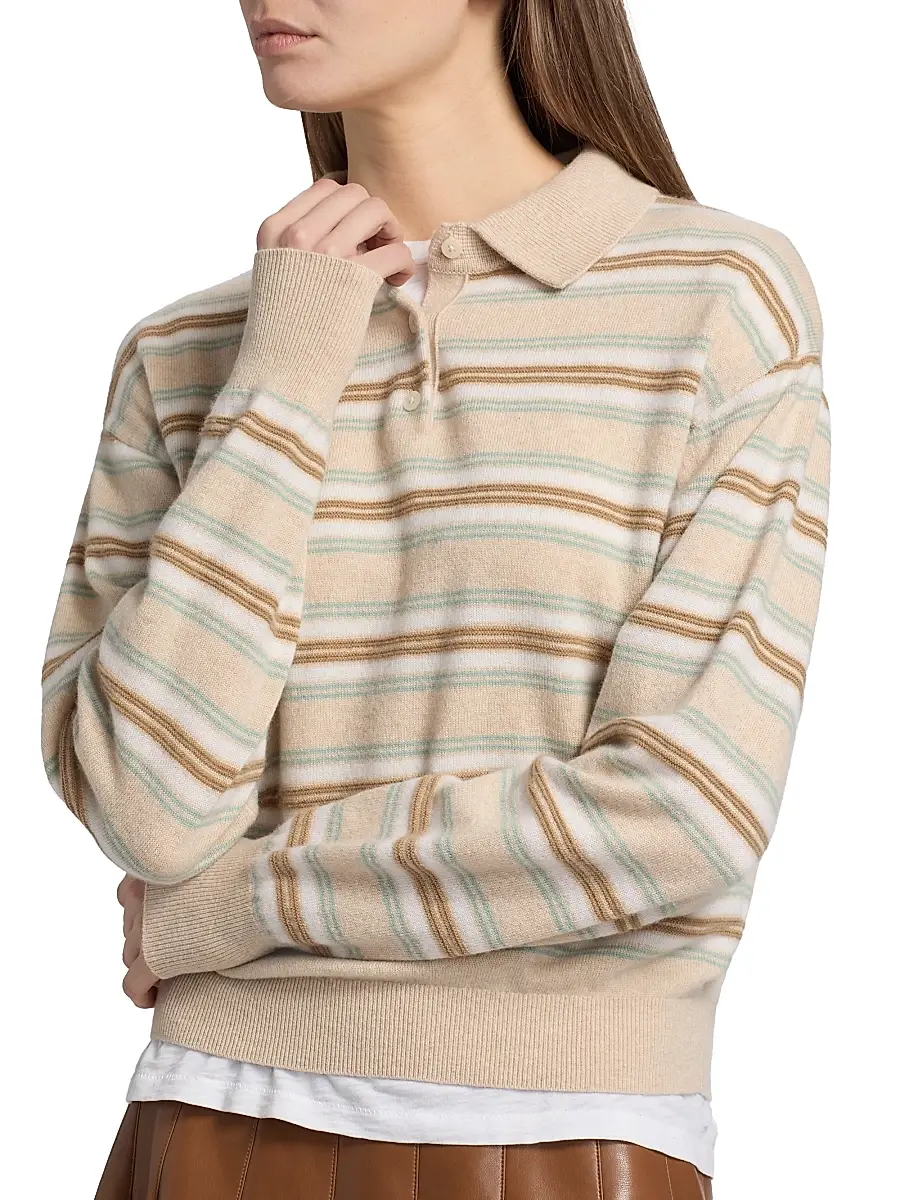 Guest In Residence Women's Collegiate-Striped Cashmere Polo Shirt | Thumbnail 6 Guest In Residence Women's Collegiate-Striped Cashmere Polo Shirt | Thumbnail 6