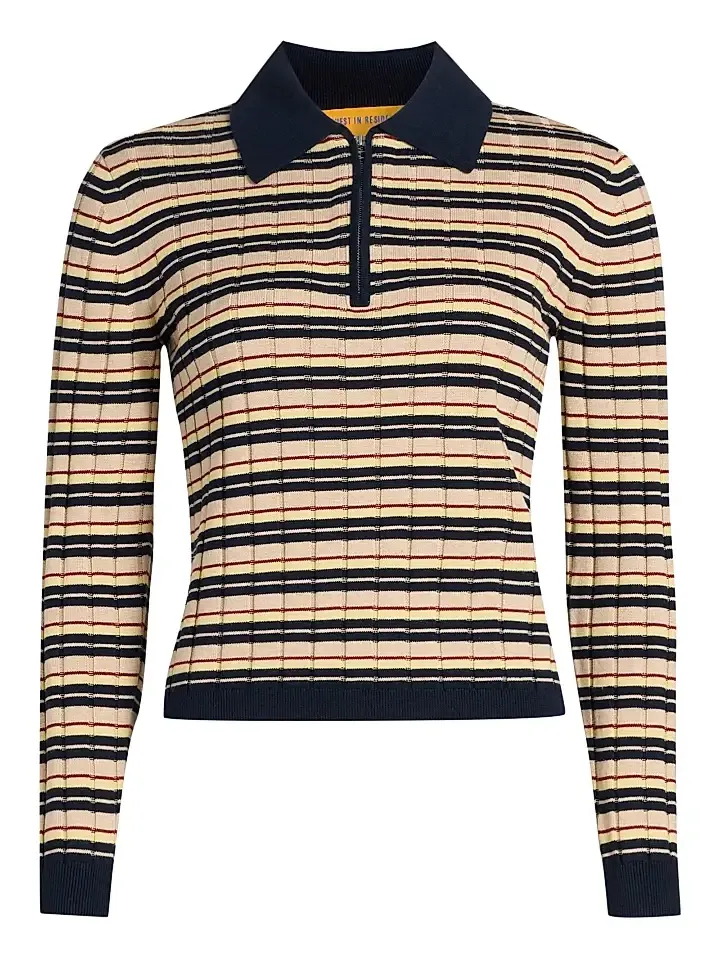 Women's Striped Silk-Linen Track Polo Shirt Women's Striped Silk-Linen Track Polo Shirt