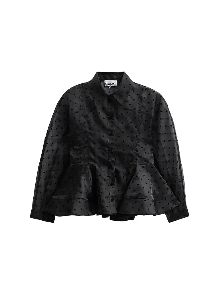 Ganni Women's Flocked Dot Organza Peplum Shirt | Image 1 Ganni Women's Flocked Dot Organza Peplum Shirt | Image 1