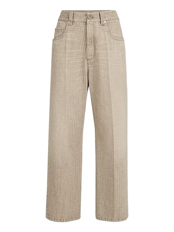 Brunello Cucinelli Women's Prince of Wales Denim Contemporary Square Trousers with Monili - Sand