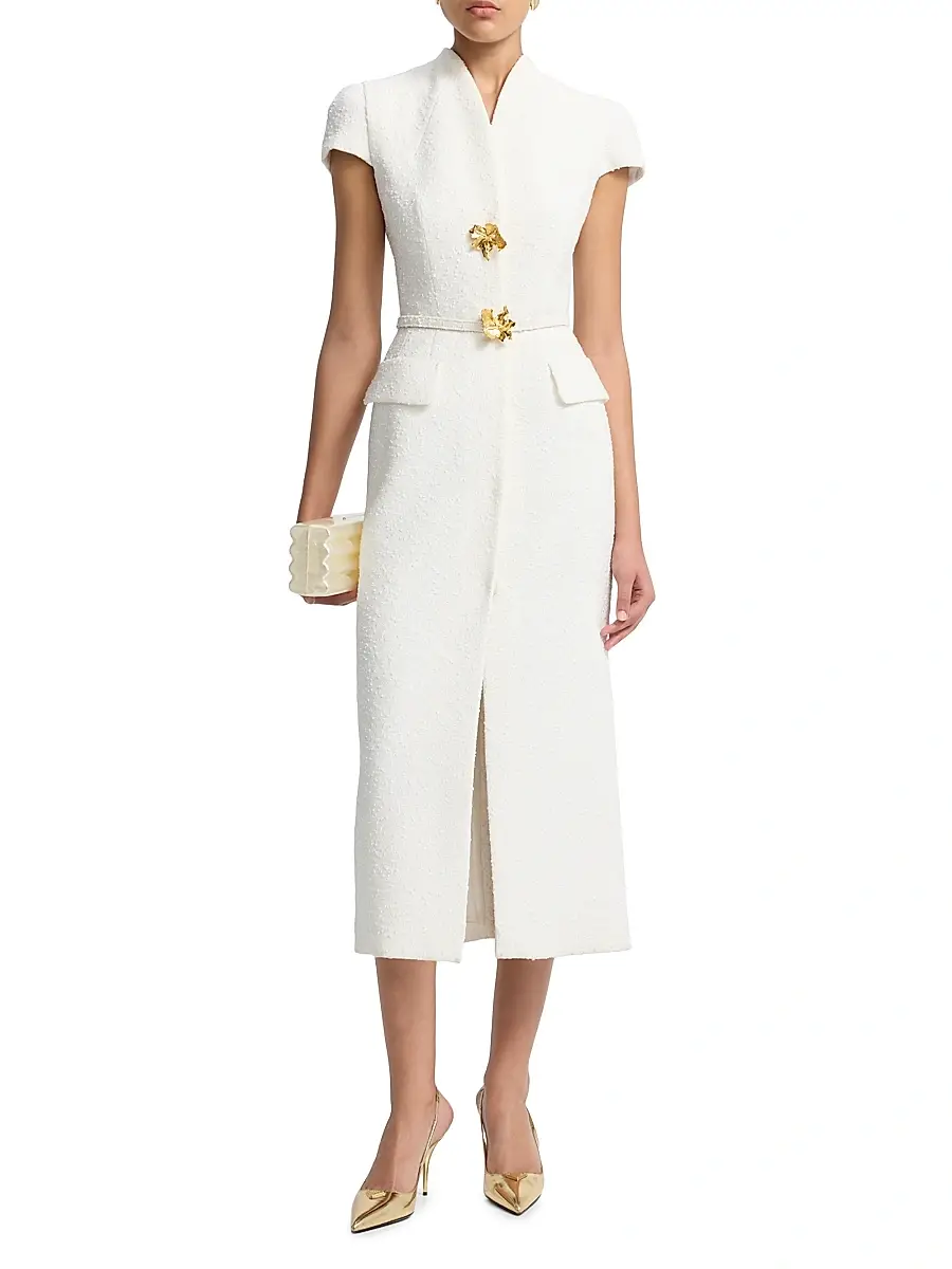 Oscar de la Renta Women's Slubby Tweed Belted Column Day Dress | Thumbnail 2