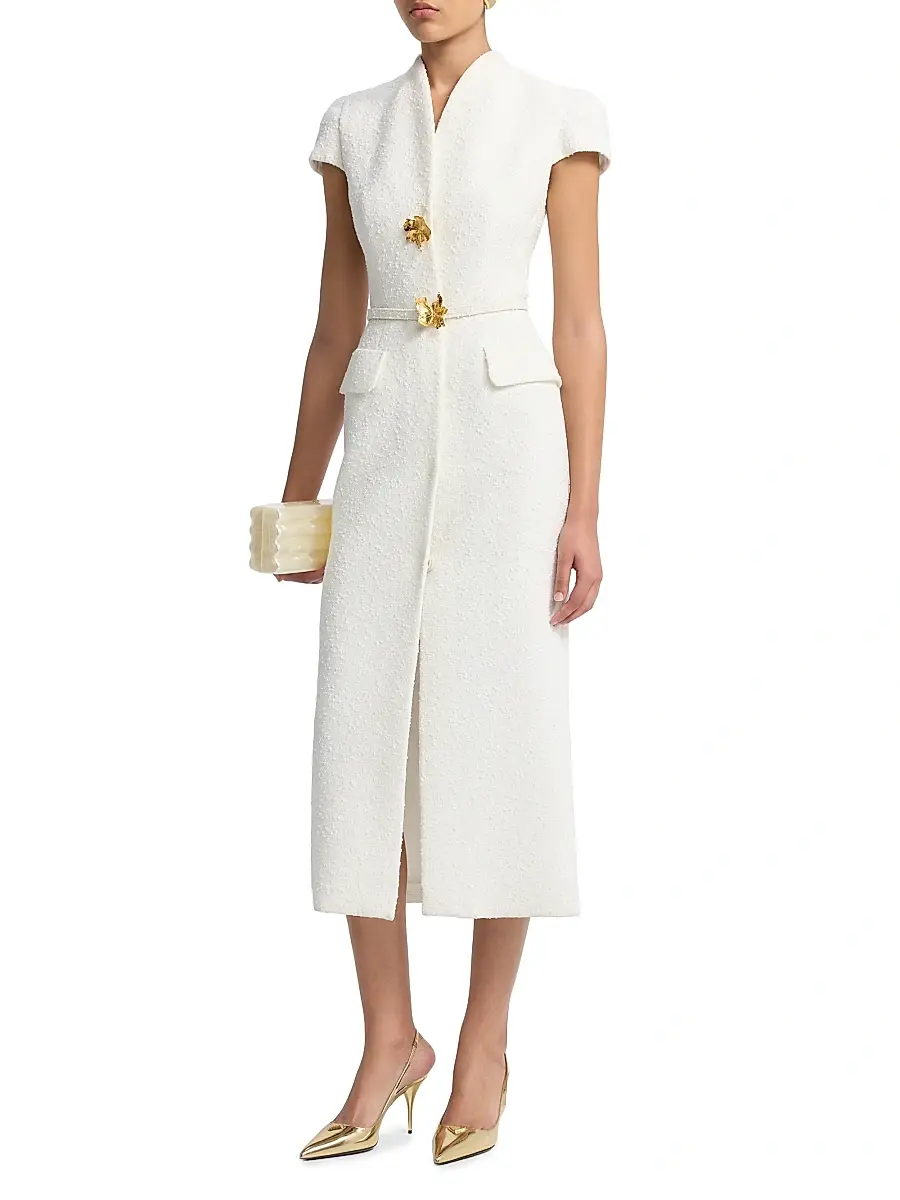 Oscar de la Renta Women's Slubby Tweed Belted Column Day Dress | Thumbnail 3