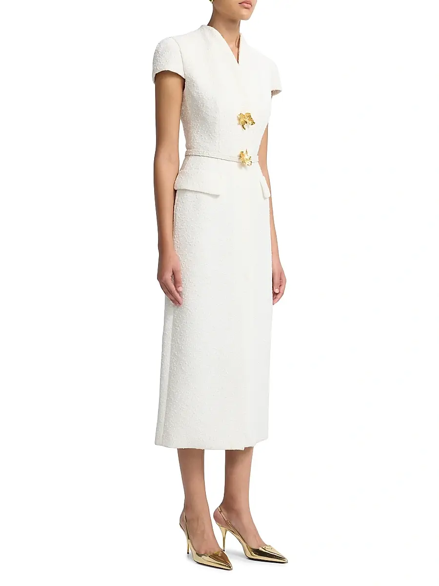 Oscar de la Renta Women's Slubby Tweed Belted Column Day Dress | Thumbnail 4