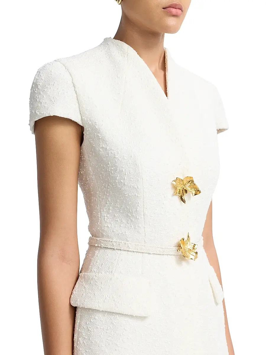 Oscar de la Renta Women's Slubby Tweed Belted Column Day Dress | Thumbnail 6