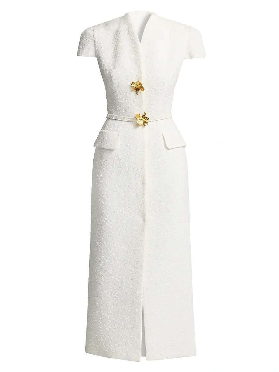 Oscar de la Renta Women's Slubby Tweed Belted Column Day Dress