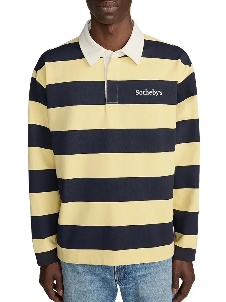 Frame Men's x Sotheby's Striped Cotton Rugby Polo Shirt - Navy Yellow | Image 1 Frame Men's x Sotheby's Striped Cotton Rugby Polo Shirt - Navy Yellow | Image 1