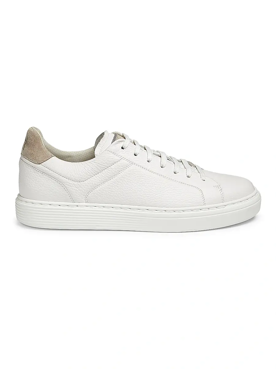 Brunello Cucinelli Men's Suede-Trim Low-Top Leather Sneakers - White | Image 1 Brunello Cucinelli Men's Suede-Trim Low-Top Leather Sneakers - White | Image 1