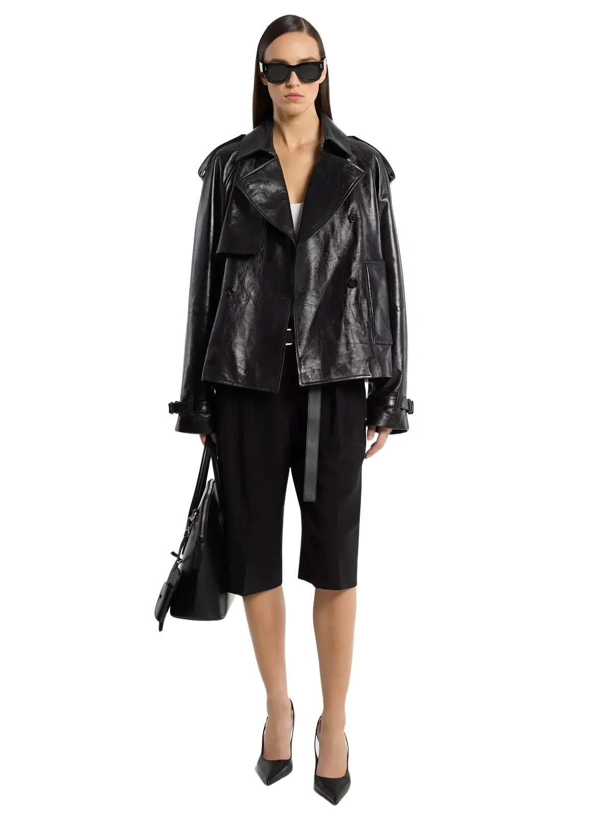 Michael Kors Collection Oversized Leather Cropped Trench Coat in Black