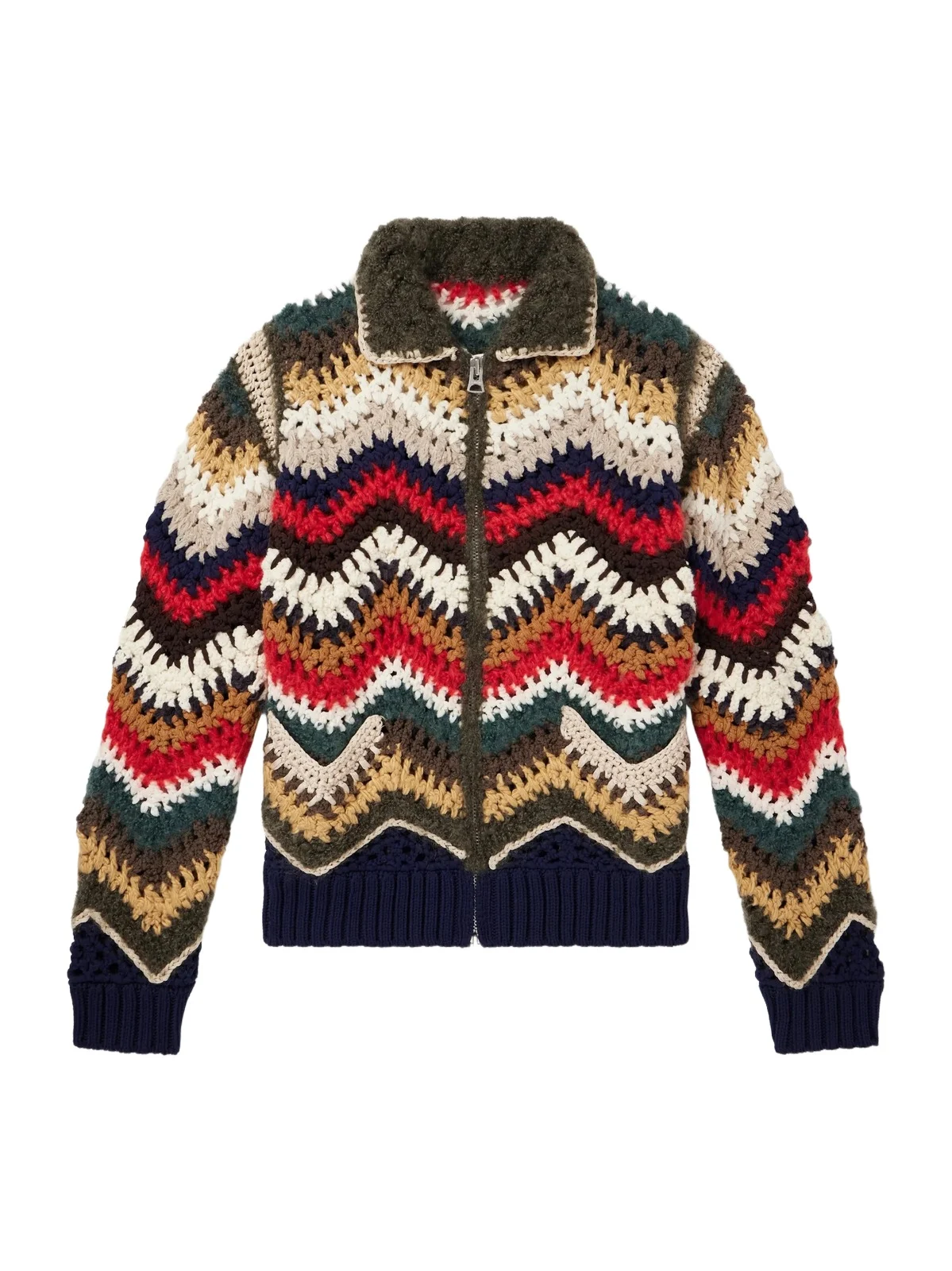 Striped Crochet-Knit Zip-Up Cardigan - Men Striped Crochet-Knit Zip-Up Cardigan - Men