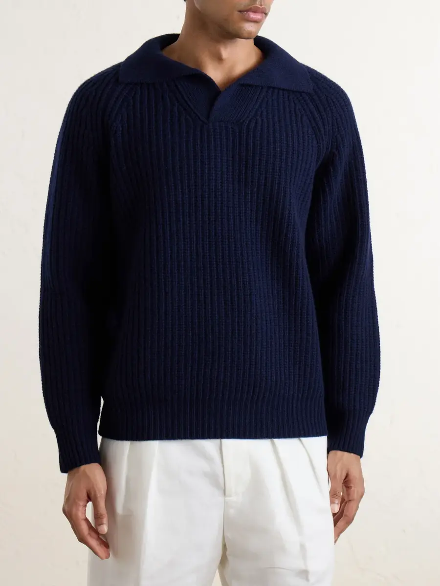 ELEVENTY Ribbed-Knit Wool and Cashmere-Blend Polo Shirt - Men | Thumbnail 3