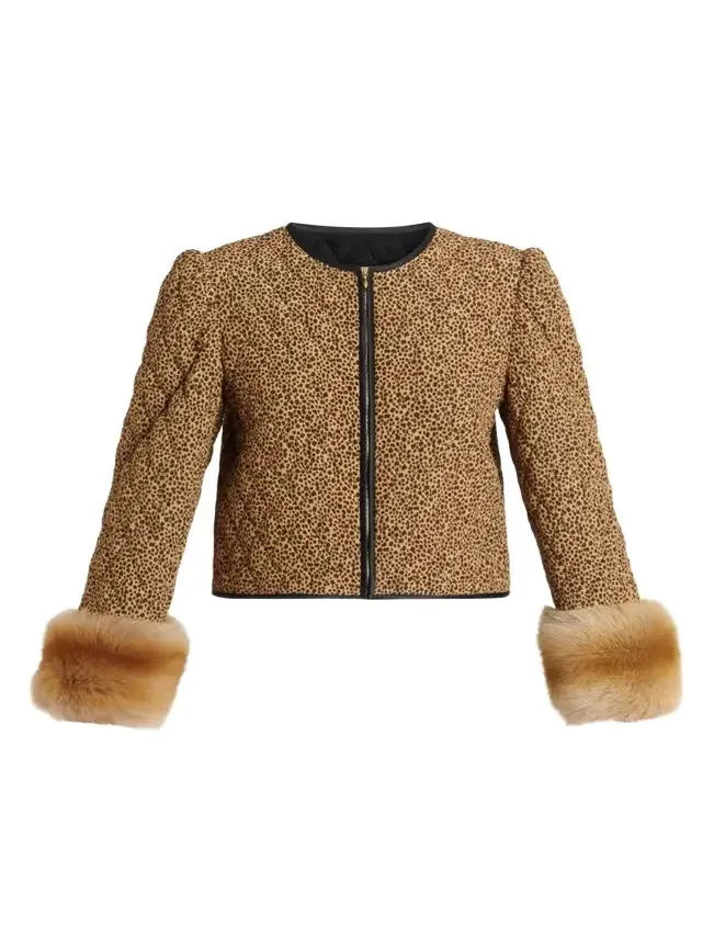 Quilted Spotted Silk Jacket with Lamb Shearling Cuffs