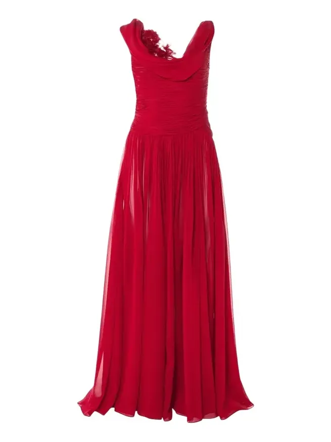 Flower Draped Off-The-Shoulder Silk Chiffon Gown Flower Draped Off-The-Shoulder Silk Chiffon Gown