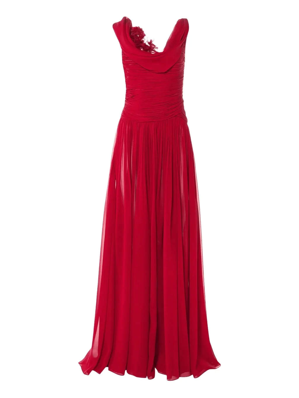 Flower Draped Off-The-Shoulder Silk Chiffon Gown