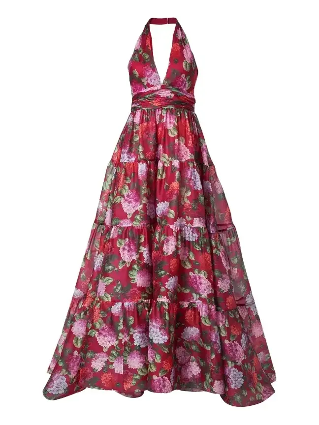 Halter Neck Tiered Floral Silk Gown Halter Neck Tiered Floral Silk Gown