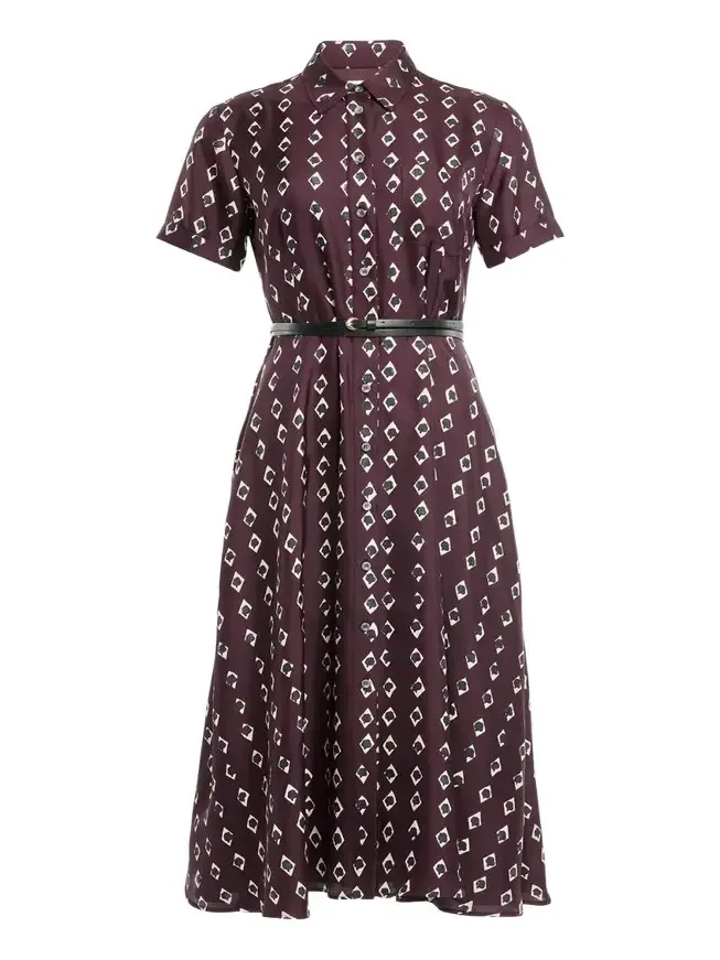 Kiera Diamond-Print Silk Short-Sleeve Midi Shirtdress Kiera Diamond-Print Silk Short-Sleeve Midi Shirtdress