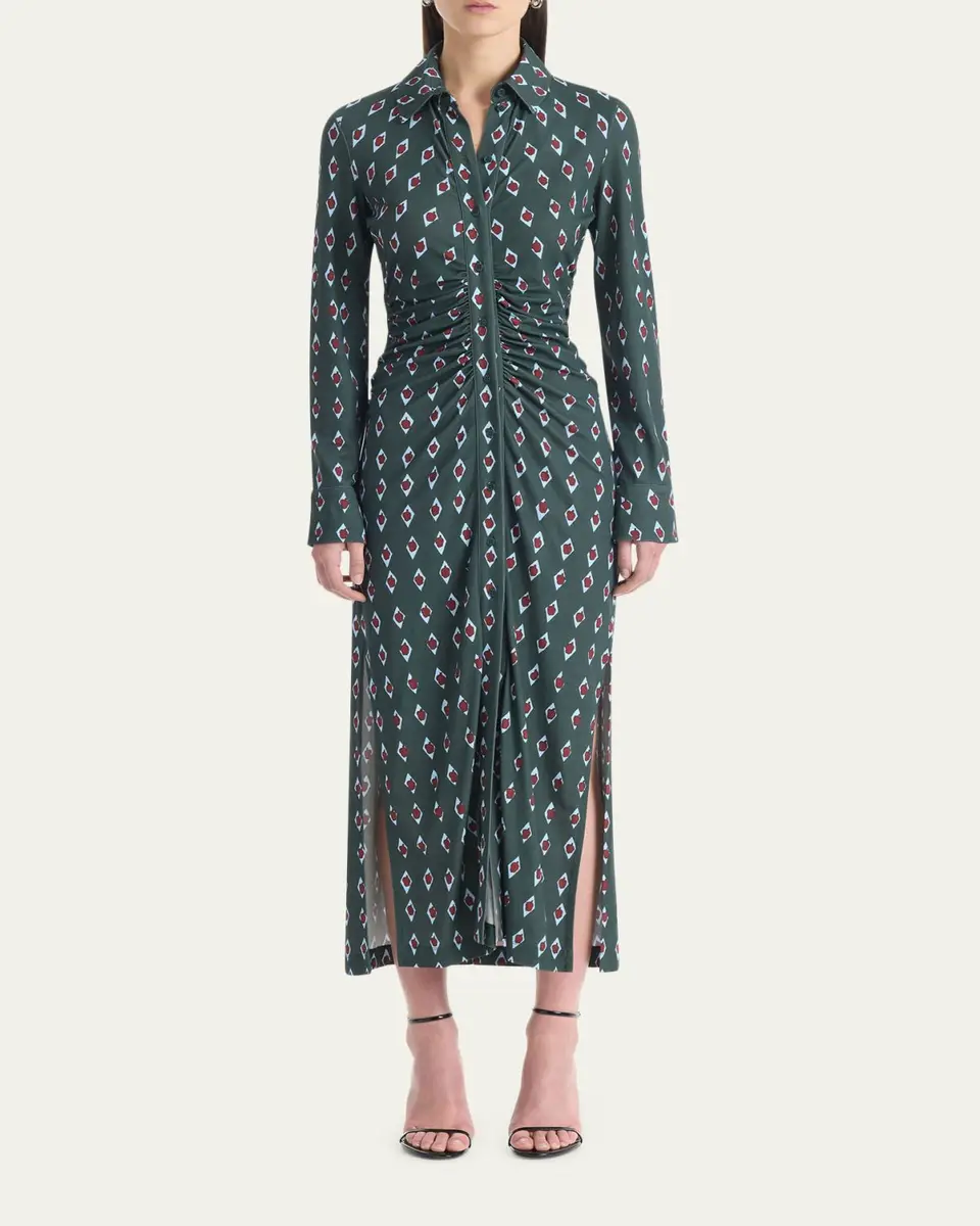 Altuzarra Claudia Diamond-Print Long-Sleeve Ruched Midi Shirtdress | Thumbnail 2