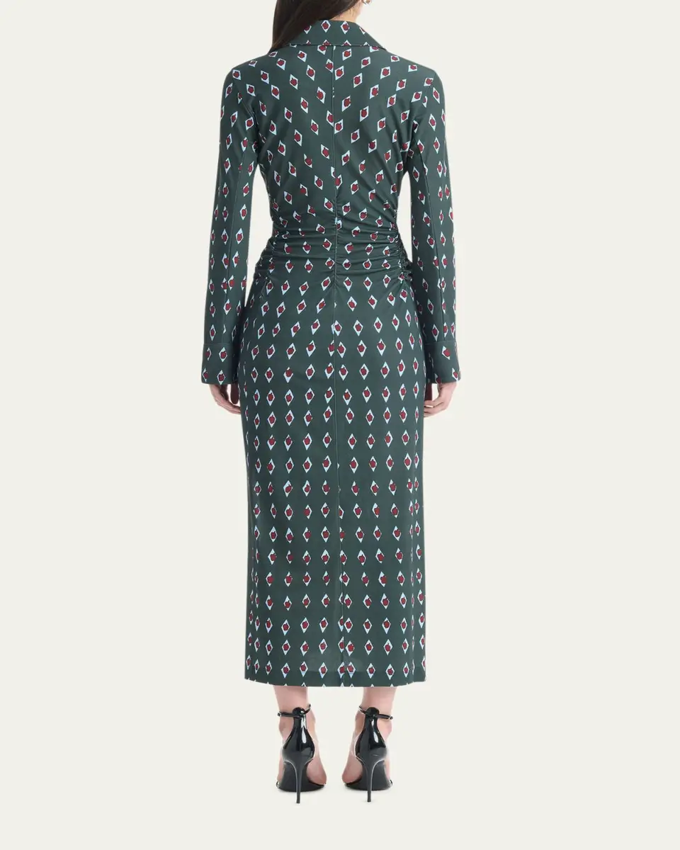 Altuzarra Claudia Diamond-Print Long-Sleeve Ruched Midi Shirtdress | Thumbnail 3