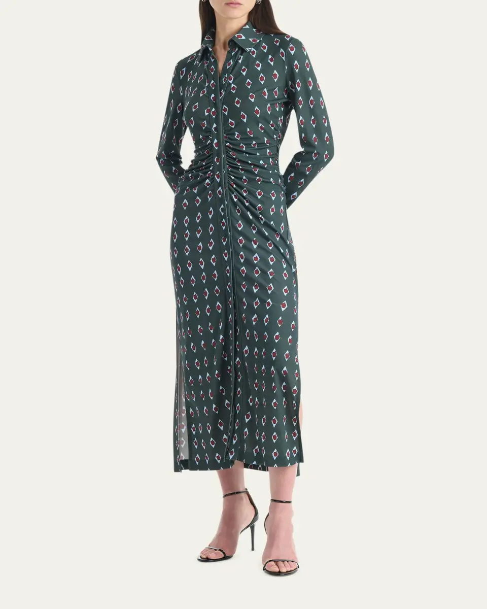 Altuzarra Claudia Diamond-Print Long-Sleeve Ruched Midi Shirtdress | Thumbnail 4