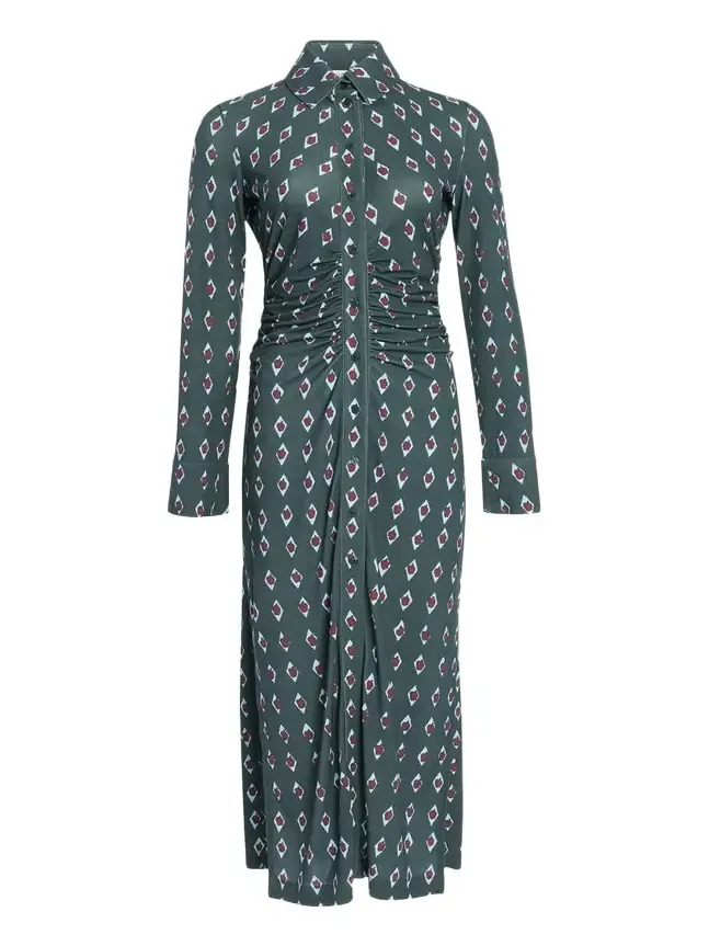 Altuzarra Claudia Diamond-Print Long-Sleeve Ruched Midi Shirtdress