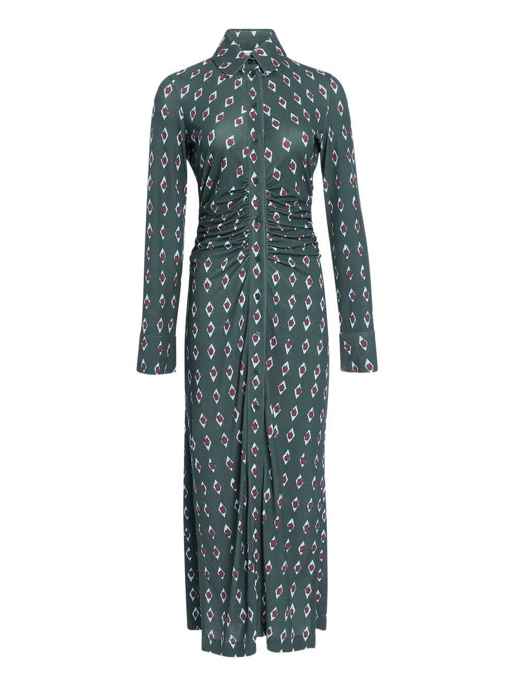 Altuzarra Claudia Diamond-Print Long-Sleeve Ruched Midi Shirtdress
