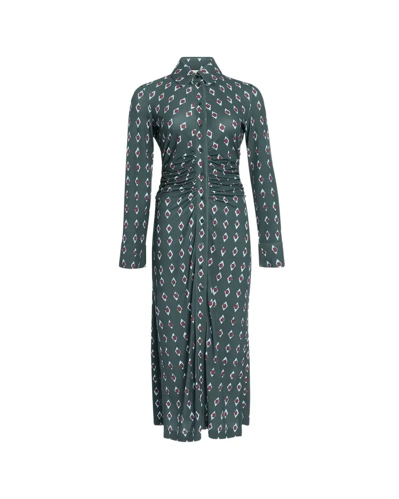 Altuzarra Claudia Diamond-Print Long-Sleeve Ruched Midi Shirtdress | Image 1 Altuzarra Claudia Diamond-Print Long-Sleeve Ruched Midi Shirtdress | Image 1