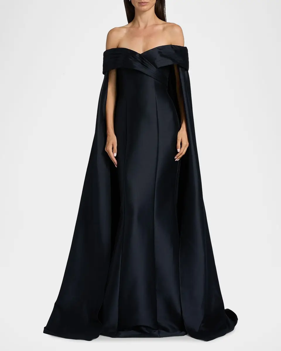 Badgley Mischka Off-Shoulder Cape Mermaid Gown | Thumbnail 2