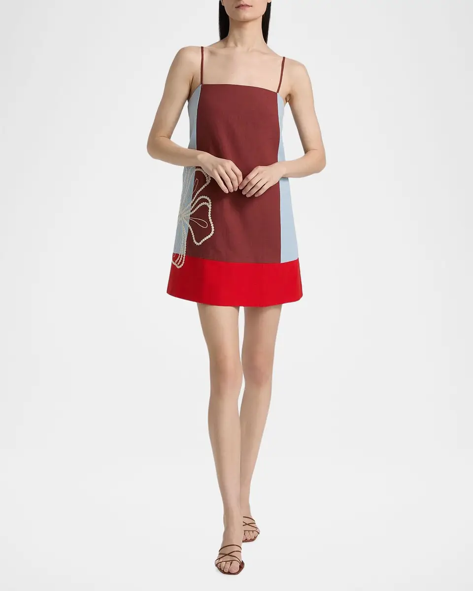 TANYA TAYLOR Bianca Floral Colorblocked Cotton-Linen Minidress | Thumbnail 2