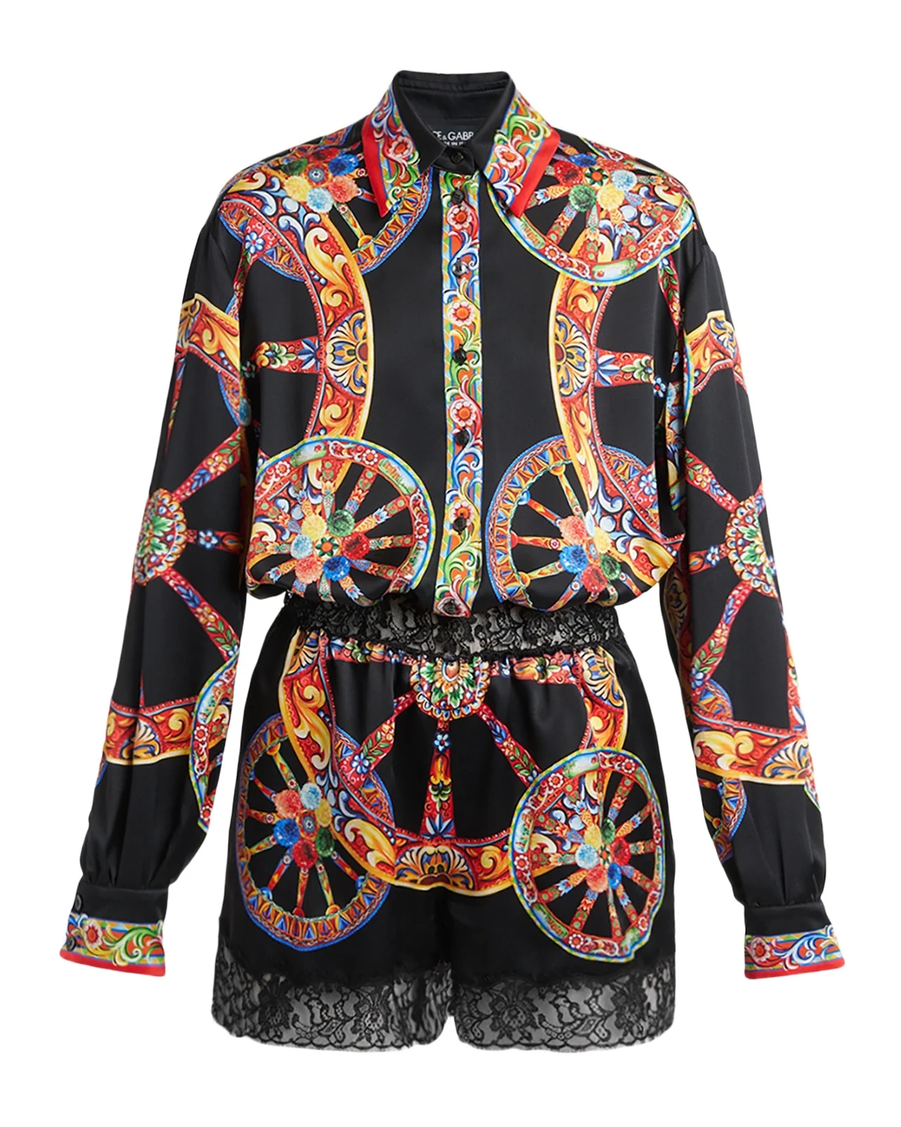 Dolce & Gabbana Carretto-Print Silk Long-Sleeve Collared Romper