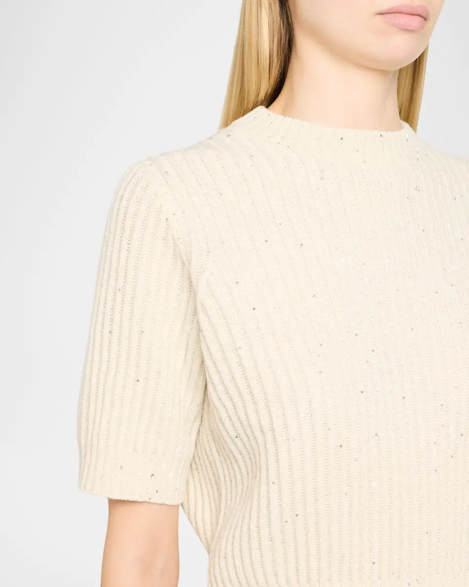 Brunello Cucinelli Paillette Cashmere-Wool Short-Sleeve Sweater | Thumbnail 5