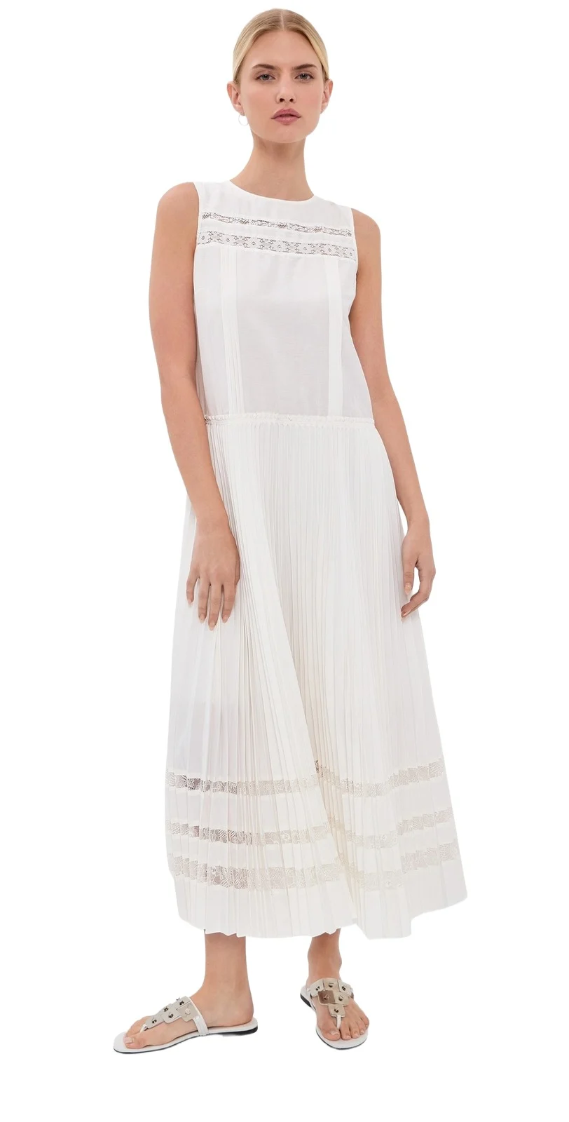 Pleated A-Line Lace Midi Dress
