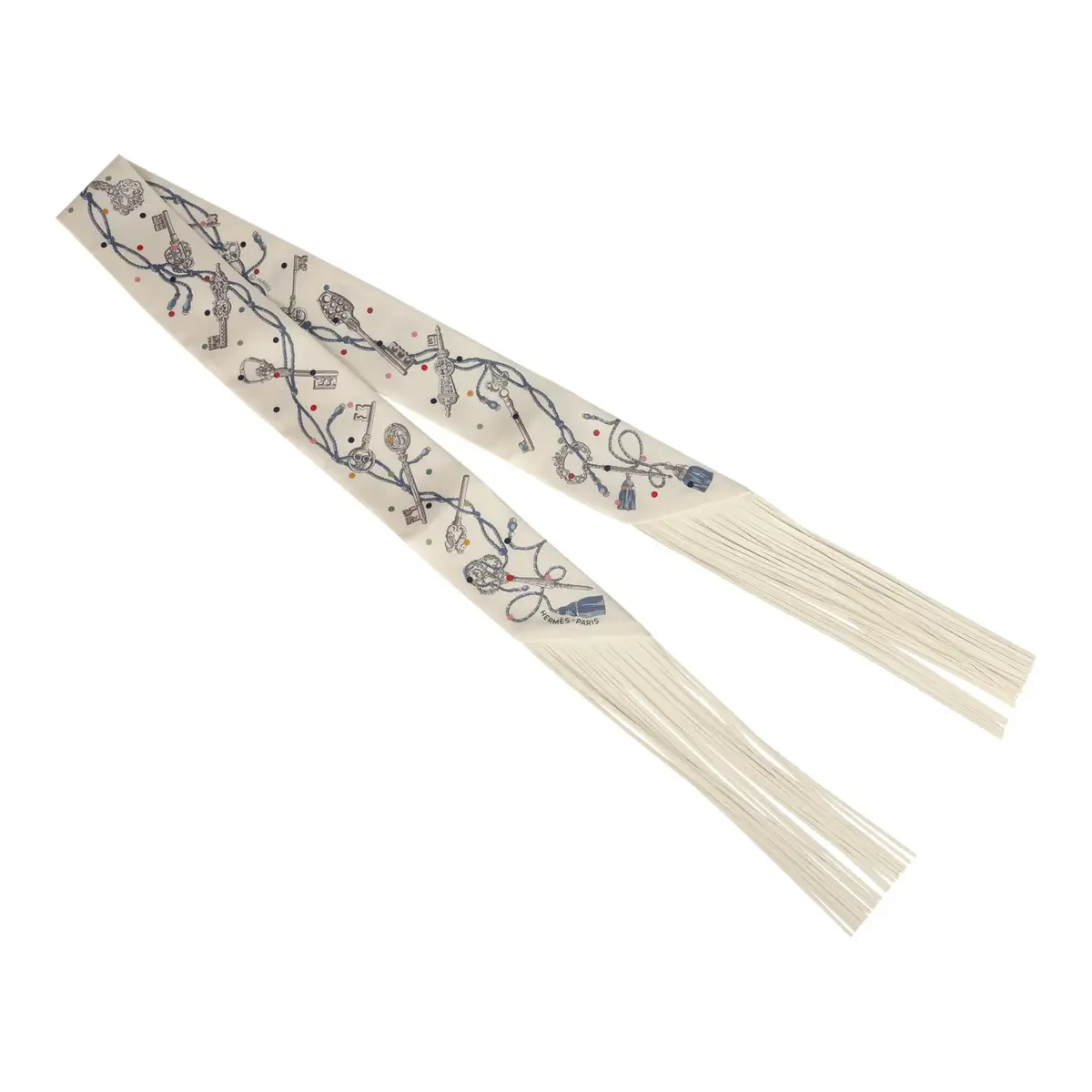 HERMÈS Hermes "Les Cles a Pois" Creme, Gris Perle, Multicolor Fringe Silk Twilly | Thumbnail 2 HERMÈS Hermes "Les Cles a Pois" Creme, Gris Perle, Multicolor Fringe Silk Twilly | Thumbnail 2